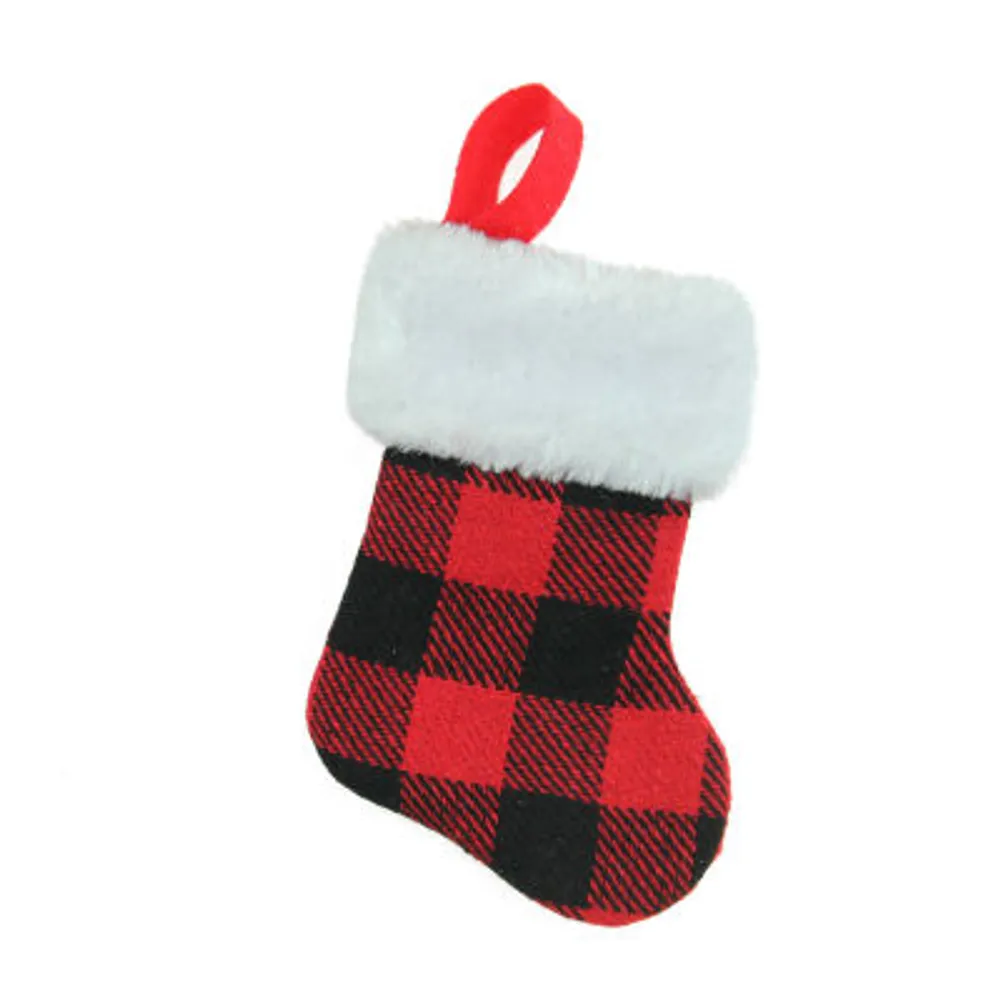 7'' Red and Black Plaid Print Christmas Stocking with Faux Fur Cuff