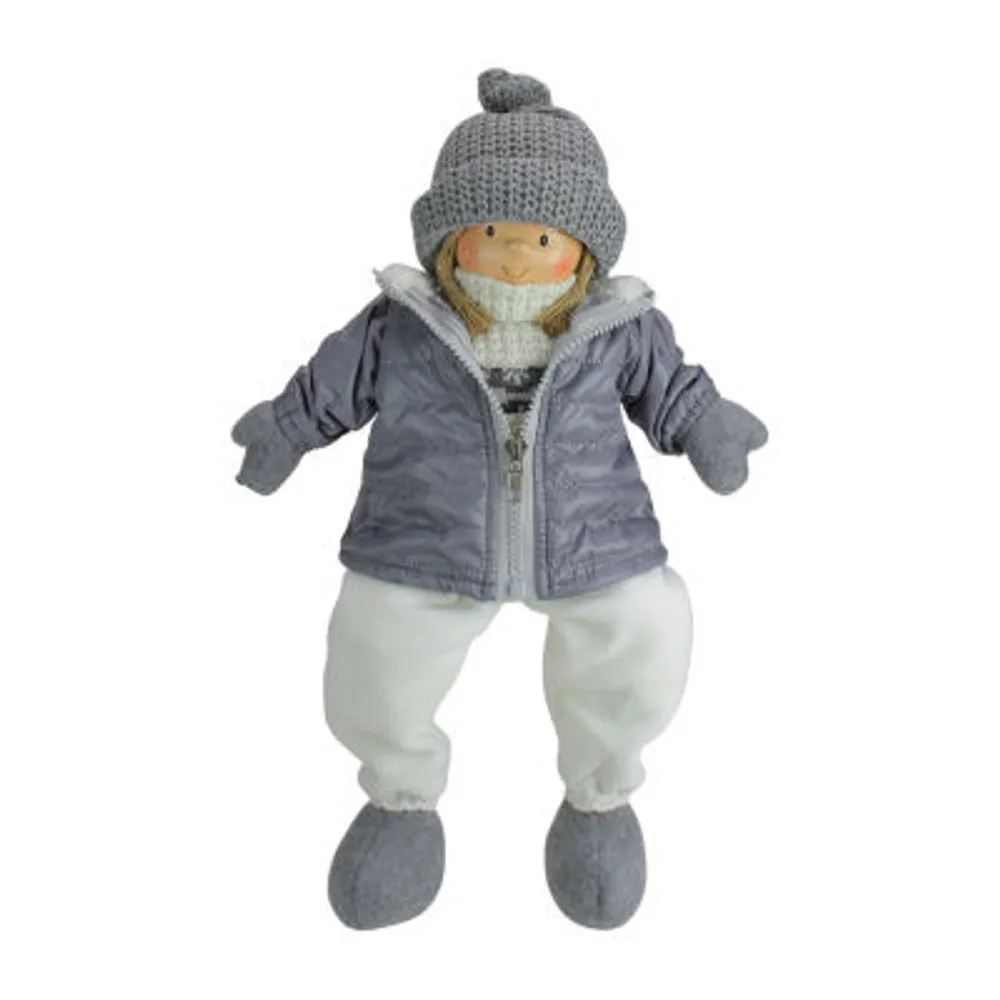 16'' Gray and White Cheerful Sitting Girl Christmas Tabletop Decoration