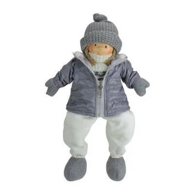 16'' Gray and White Cheerful Sitting Girl Christmas Tabletop Decoration
