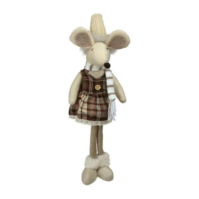 21'' Beige and Brown Standing Girl Mouse in Plaid Dress Christmas Tabletop Figure