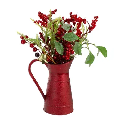 13'' Red Berries and Foliage in Vintage Milk Pitcher Christmas Decoration