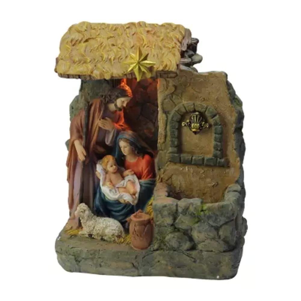 14'' Brown and Gray Holy Family Religious Nativity Fountain with Lamp Tabletop Christmas Decoration