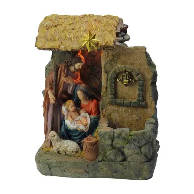14'' Brown and Gray Holy Family Religious Nativity Fountain with Lamp Tabletop Christmas Decoration