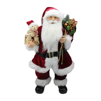 24'' Traditional Standing Santa Claus Christmas Figure with Teddy Bear and Gift Bag