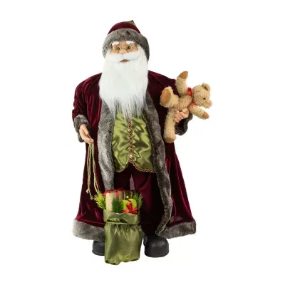 32'' Burgundy Santa Claus with Teddy Bear and Gift Bag Christmas Figure