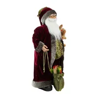 32'' Burgundy Santa Claus with Teddy Bear and Gift Bag Christmas Figure