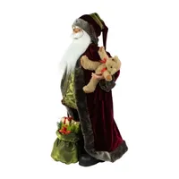 32'' Burgundy Santa Claus with Teddy Bear and Gift Bag Christmas Figure