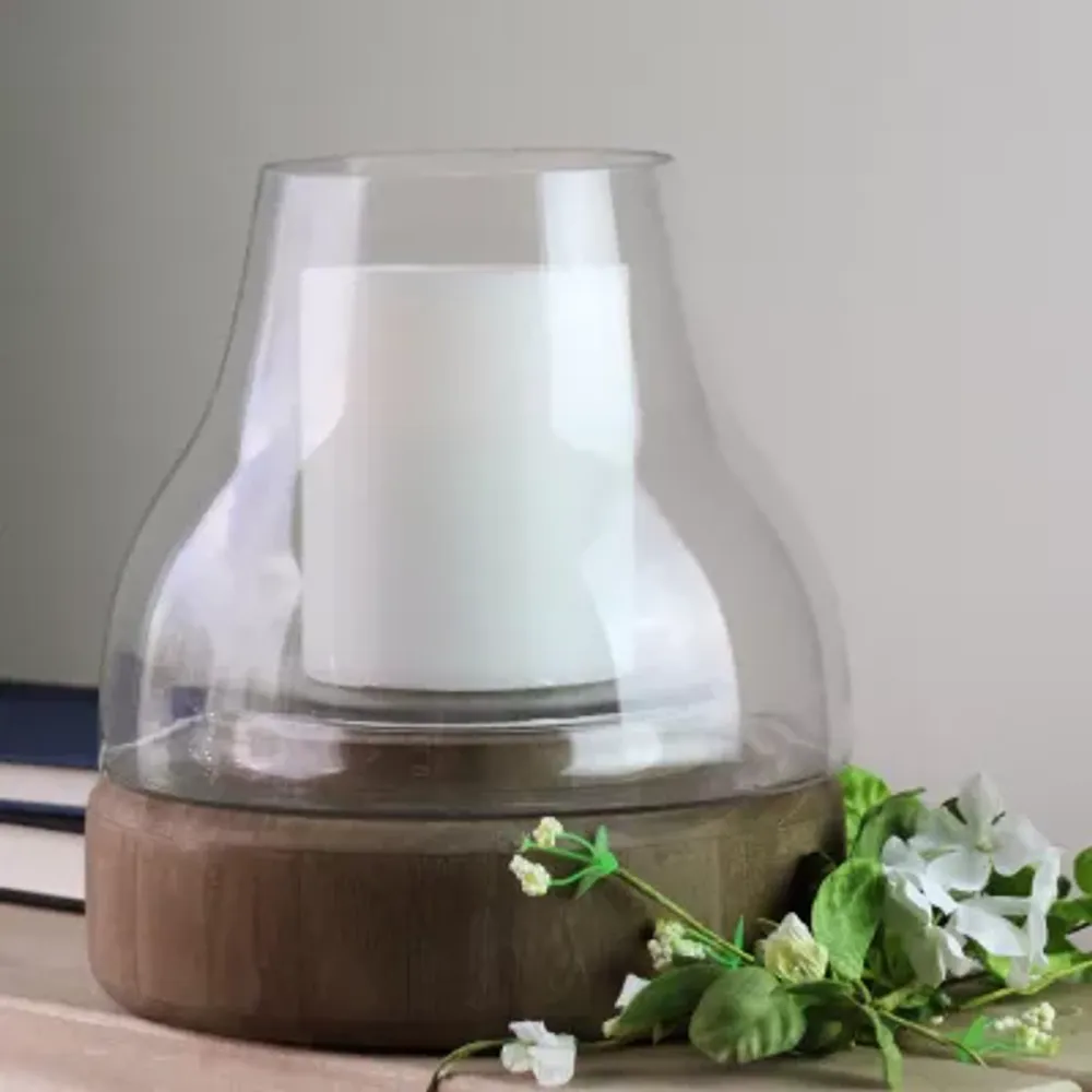10.25'' Transparent Glass Pillar Candle Holder with Wooden Base