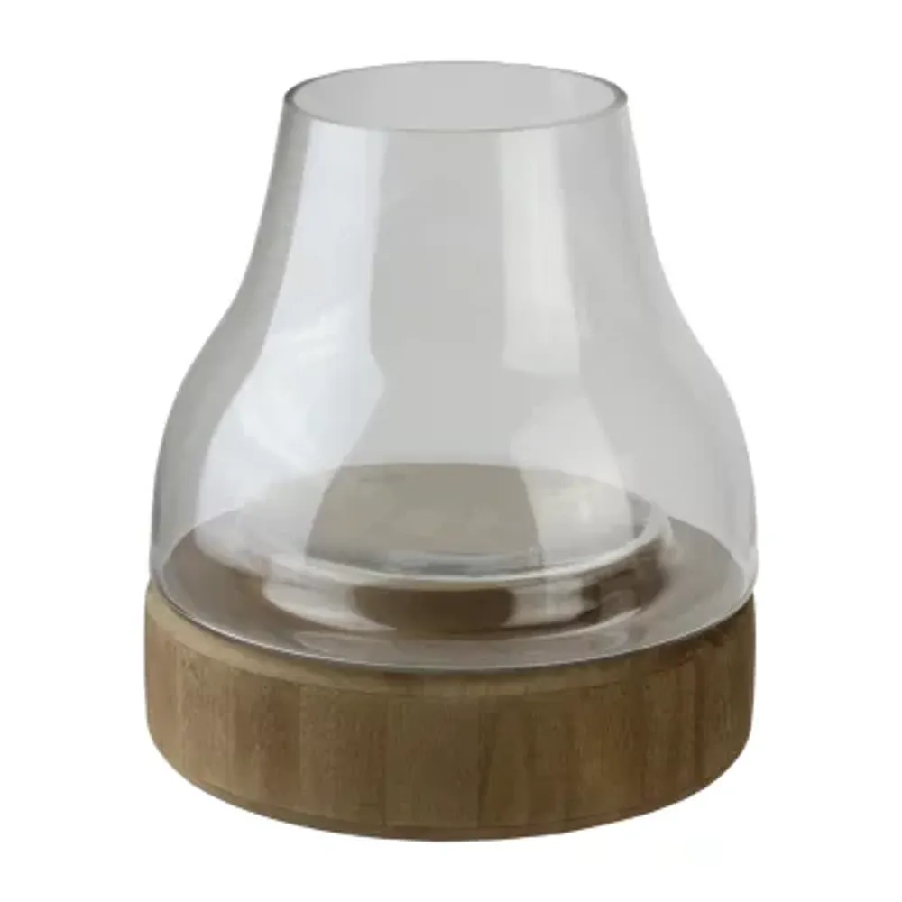 10.25'' Transparent Glass Pillar Candle Holder with Wooden Base
