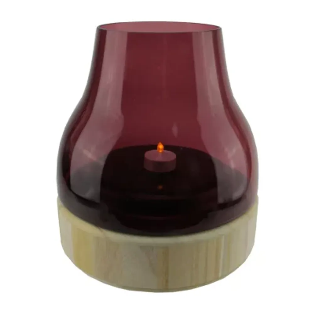 9.75'' Merlot Colored Glass Pillar Candle Holder with Wooden Base
