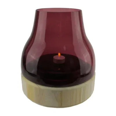 9.75'' Merlot Colored Glass Pillar Candle Holder with Wooden Base