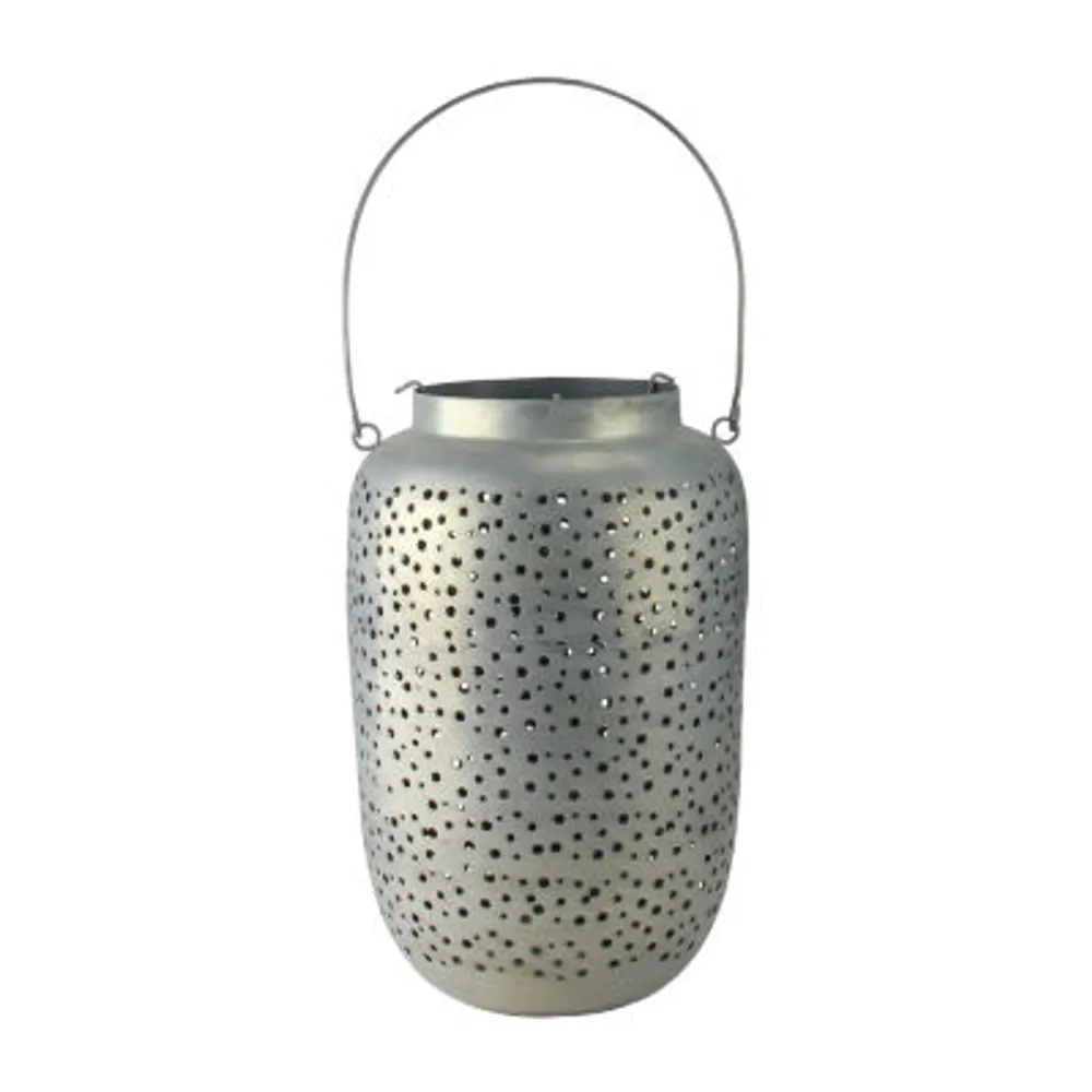 14.5'' Botanic Beauty Gray Cut-Out Pillar Candleholder Lantern