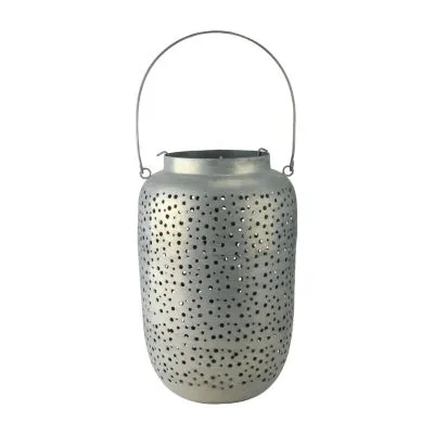 21'' Botanic Beauty Gray Cut-Out Pillar Candleholder Lantern