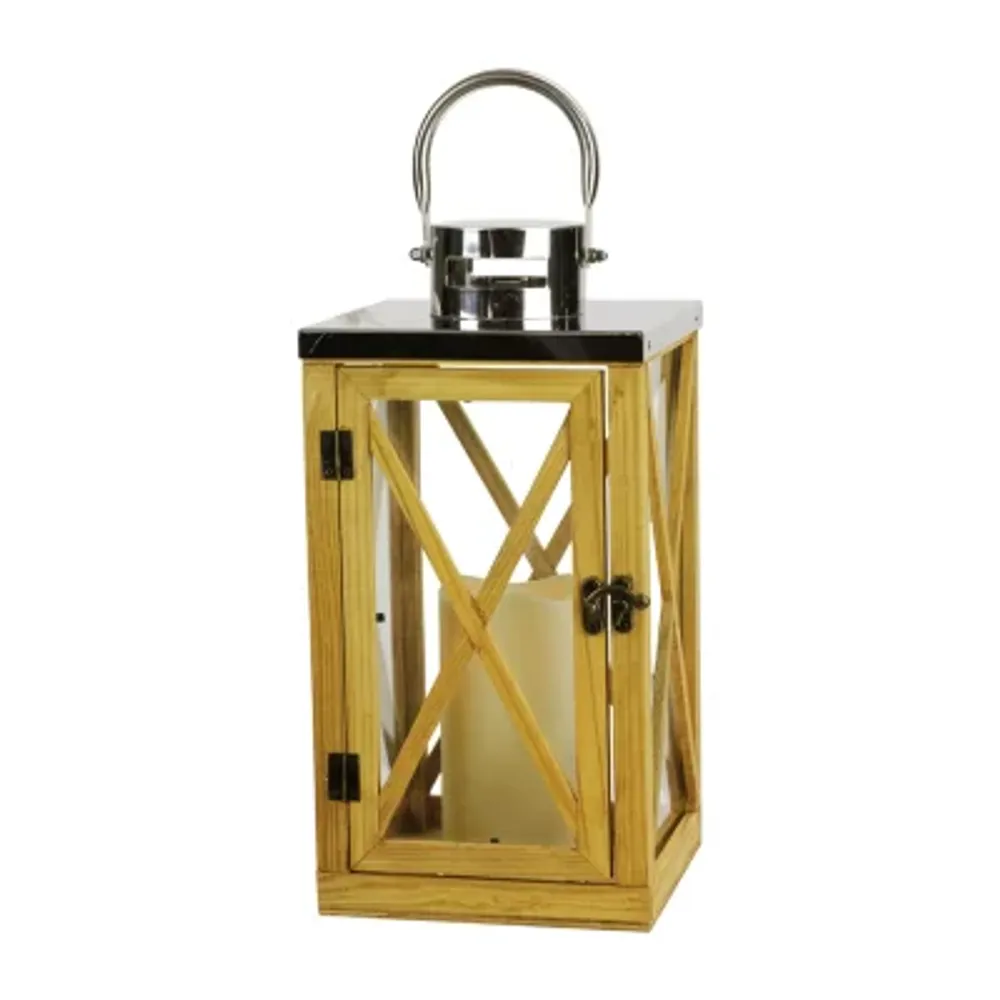 13.5'' Rustic Wood and Stainless Steel Lantern with LED Flameless Pillar Candle with Timer