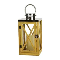 13.5'' Rustic Wood and Stainless Steel Lantern with LED Flameless Pillar Candle with Timer