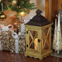 17.5'' Rustic Wooden Lantern with Brown Metal Top and LED Flameless Pillar Candle with Timer