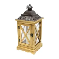 17.5'' Rustic Wooden Lantern with Brown Metal Top and LED Flameless Pillar Candle with Timer