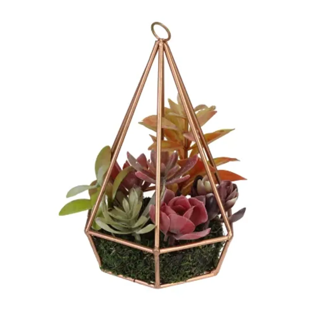 9'' Artificial Green and Purple Succulents Arrangement in 6-Sided Wire Frame