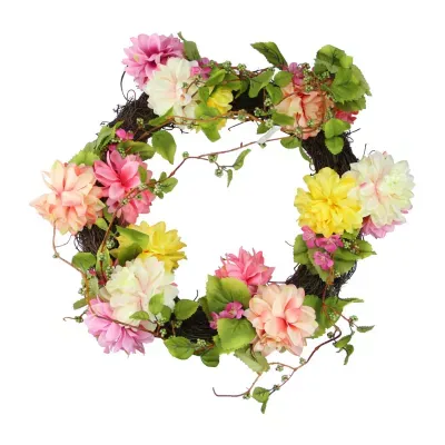 Mums and Wild Blossoms Artificial Floral Wreath  Pink 22-Inch