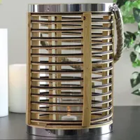 11.5'' Rustic Chic Cylindrical Rattan Decorative Candle Holder Lantern with Jute Handle