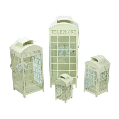 Set of 4 Weathered Cream and Gold Telephone Booth Glass Pillar Candle Lanterns 8.75" - 25"