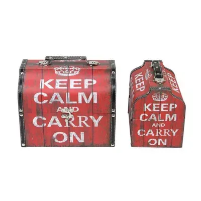 Set of 2 Red and White Keep Calm and Carry On Decorative Wooden Storage Boxes 10.25-11.75"