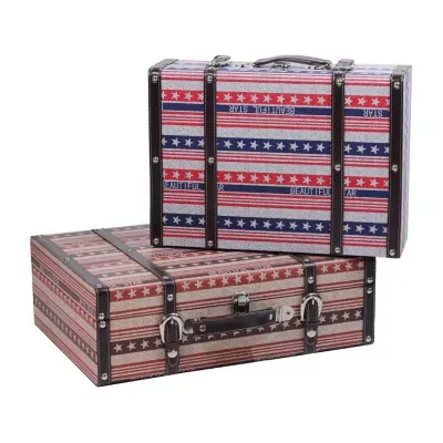 Set of 2 Vintage-Style Red  White and Blue Beautiful Star Decorative Wooden Luggage Trunks 17.5"