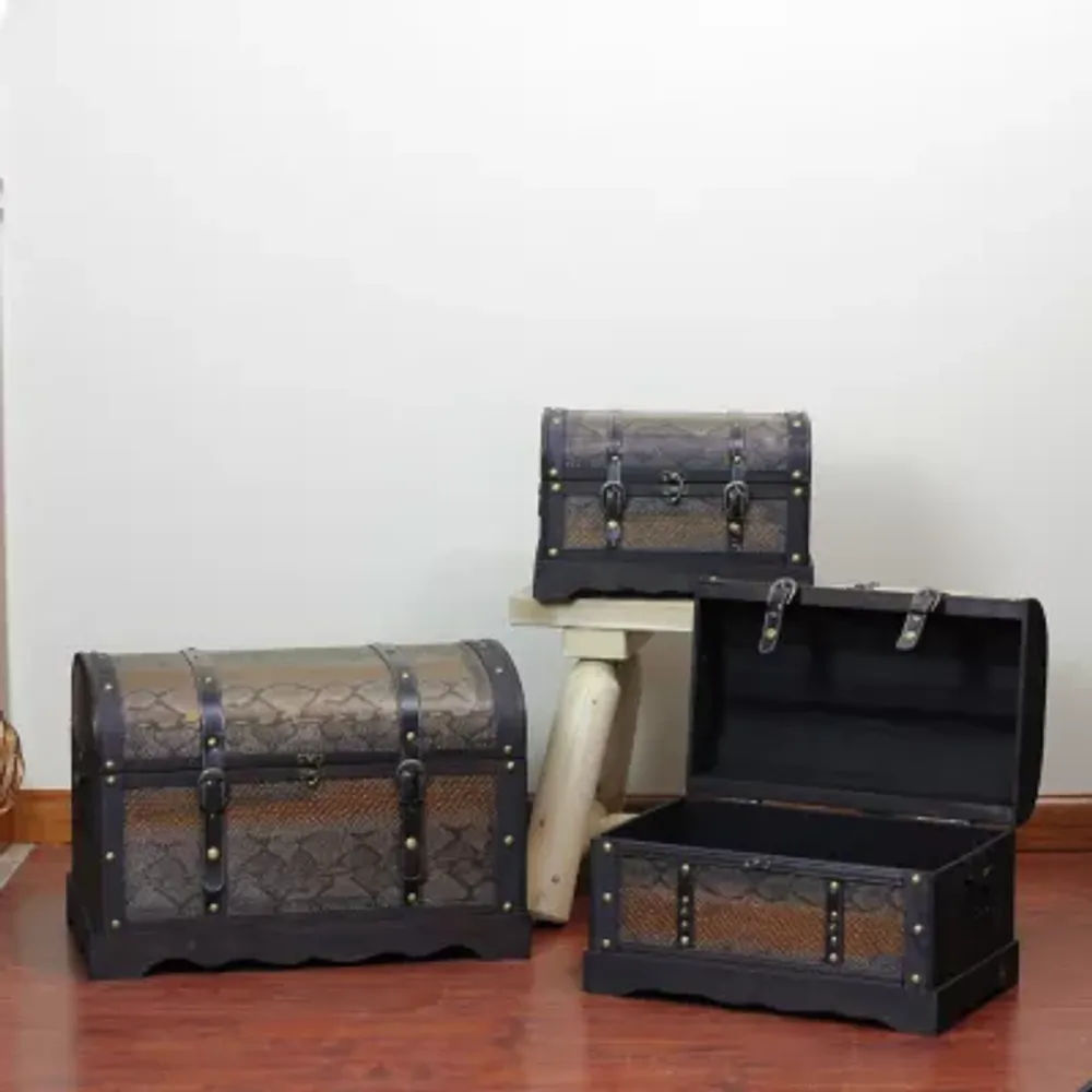 Set of 3 Decorative Antique Brown Wood and Faux Snakeskin Storage Boxes 22.5"