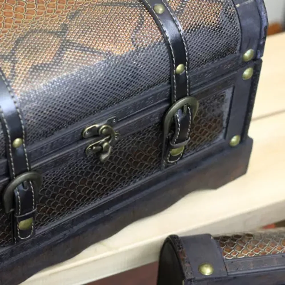 Set of 3 Decorative Antique Brown Wood and Faux Snakeskin Storage Boxes 22.5"