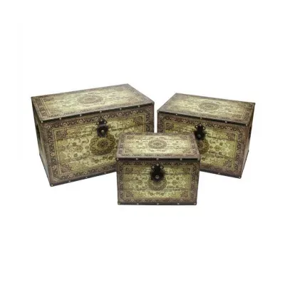 Set of 3 Oriental-Style Brown and Cream Earth Tone Decorative Wooden Storage Boxes 22"