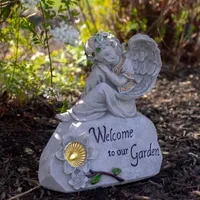 9.25'' Gray Solar Powered ''Welcome to Our Garden'' Angel Outdoor Garden Statue