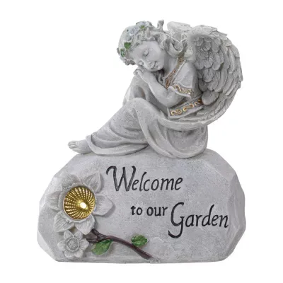 9.25'' Gray Solar Powered ''Welcome to Our Garden'' Angel Outdoor Garden Statue