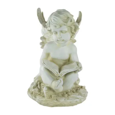 11.5'' Ivory Sitting Cherub Angel with Book Outdoor Patio Garden Statue