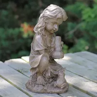 12.25'' Brown Girl with Frog Solar Powered LED Lighted Outdoor Garden Statue