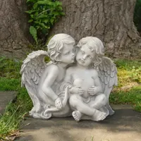 16'' Sitting Cherub Angels with Bow and Heart Outdoor Garden Statue