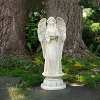22.5'' Standing Angel with Birdbath Votive Candle Holder Outdoor Garden Statue
