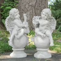 Set of 2 Cherub Angels with Violin and Harp on Finials Outdoor Garden Statues 15.25"