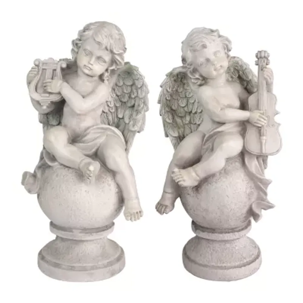 Set of 2 Cherub Angels with Violin and Harp on Finials Outdoor Garden Statues 15.25"