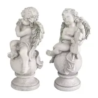 Set of 2 Cherub Angels with Violin and Harp on Finials Outdoor Garden Statues 15.25"