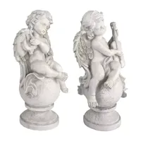 Set of 2 Cherub Angels with Violin and Harp on Finials Outdoor Garden Statues 15.25"