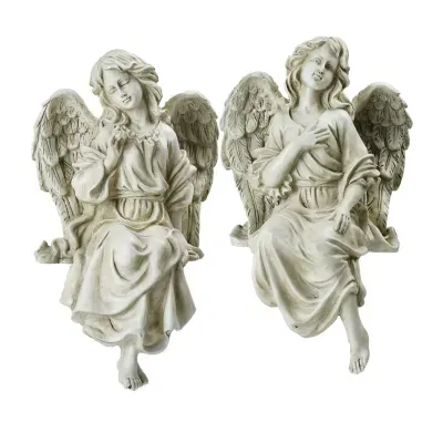 14'' Gray Set of 2 Decorative Sitting Angel Outdoor Garden Statues