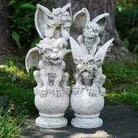 Set of 4 Gargoyles on Pedestals Outdoor Garden Statues 13"