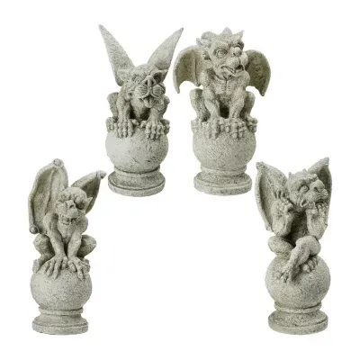 Set of 4 Gargoyles on Pedestals Outdoor Garden Statues 13"