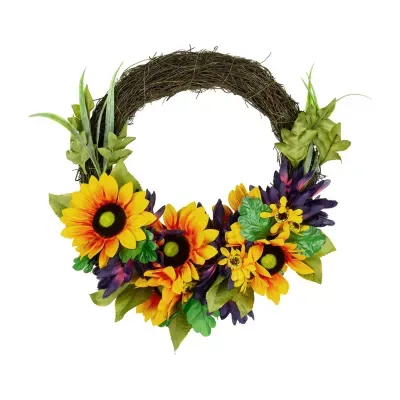 Sunflower and Mum Twig Autumn Artificial Floral Wreath  20-Inch