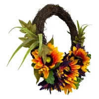 Sunflower and Mum Twig Autumn Artificial Floral Wreath  20-Inch