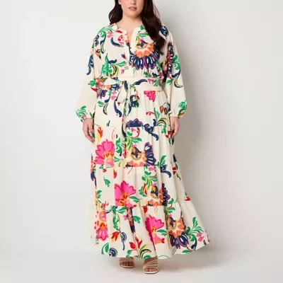 Premier Amour Womens Long Sleeve Floral Maxi Dress Plus