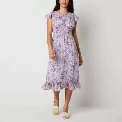 Perceptions Womens Short Sleeve Floral Fit + Flare Dress