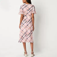 Liz Claiborne Womens Short Sleeve Plaid Midi A-Line Dress