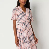 Liz Claiborne Womens Short Sleeve Plaid Midi A-Line Dress