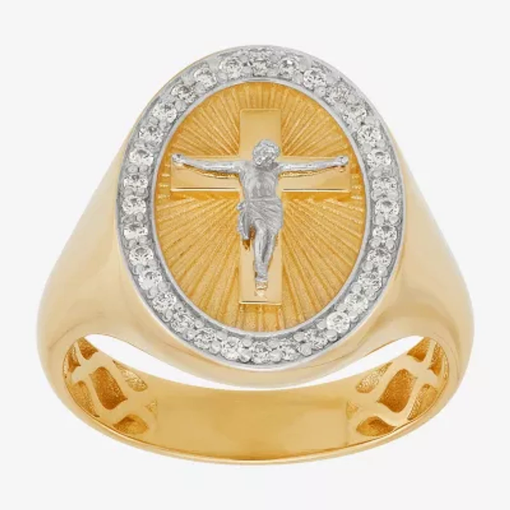 Crucifix Mens White Cubic Zirconia 10K Gold Cross Signet Ring